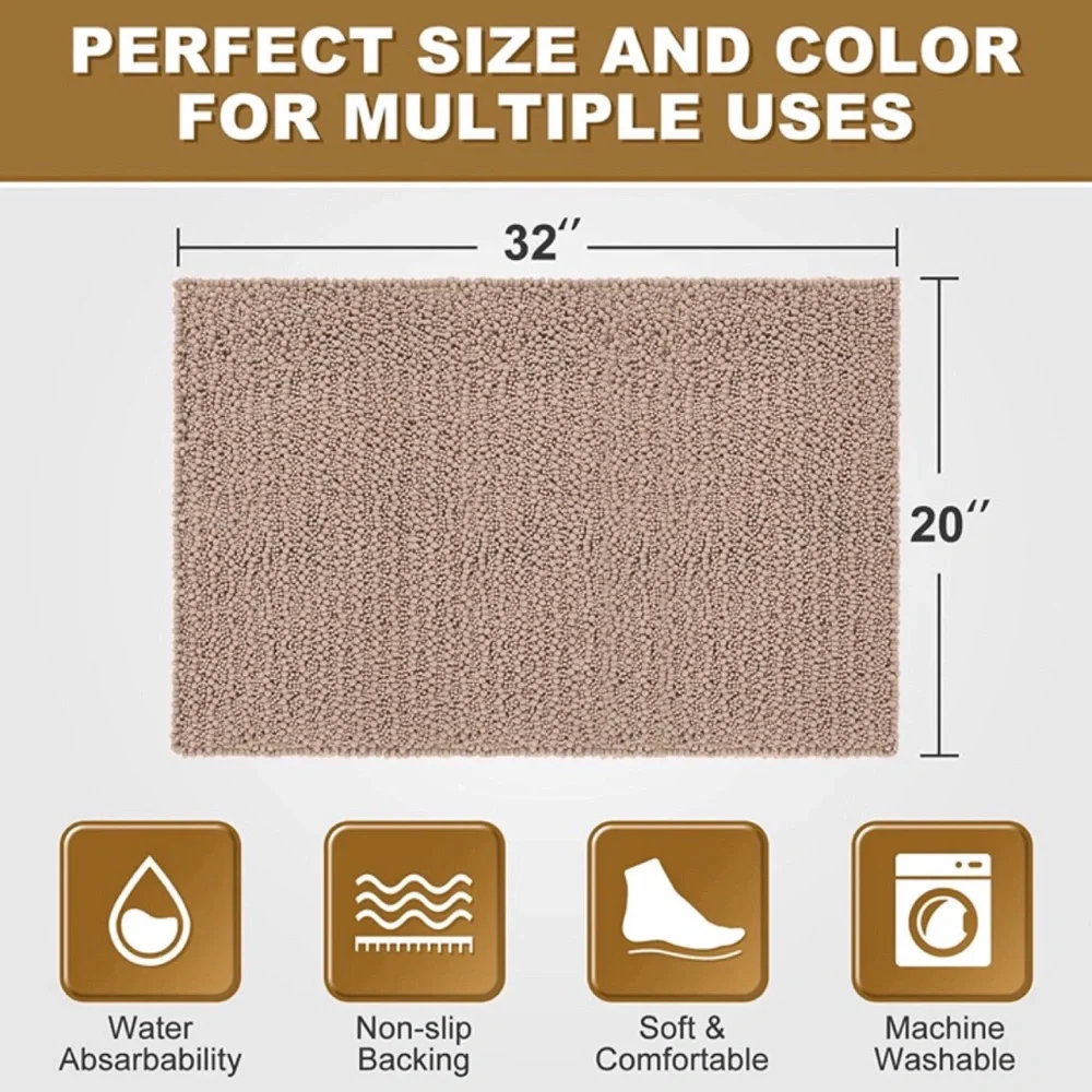 Non-Slip Bath Mat Soft Absorbent Plush Chenille Plush Rug 32” x 20” Beige